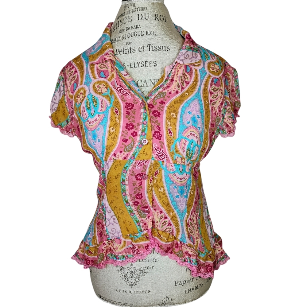 Vintage‎ Robert Louis Y2K Top Pink Paisley Womens Large Babydoll Lace Coquette
